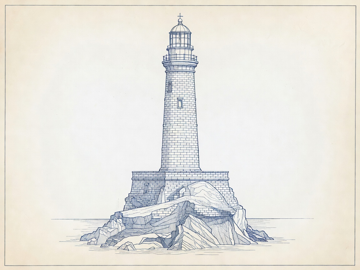 Blueprint illustration of Bell Rock lighthouse rising from a tidal reef