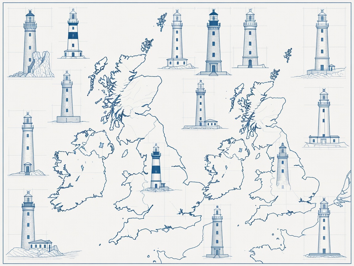 Blueprint-style illustration of lighthouse towers around Britain and Ireland