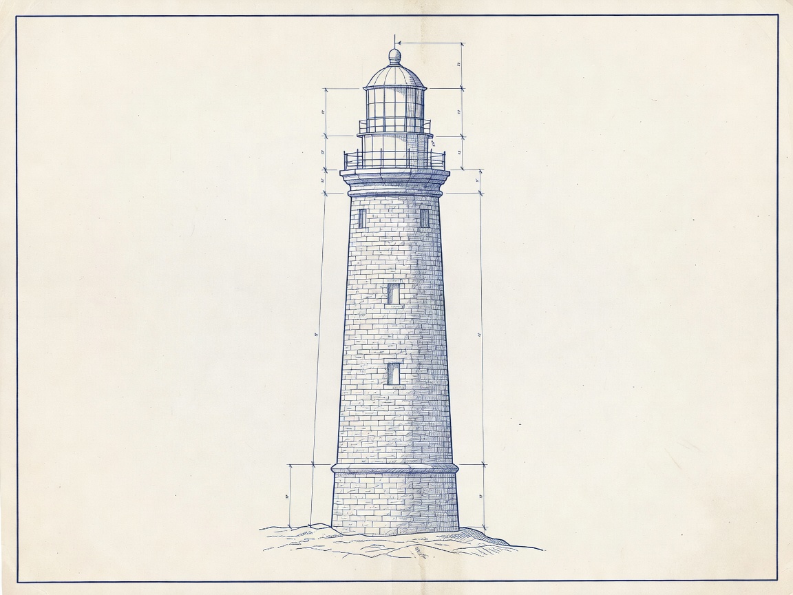 Blueprint illustration of Eddystone lighthouse with tapered masonry profile