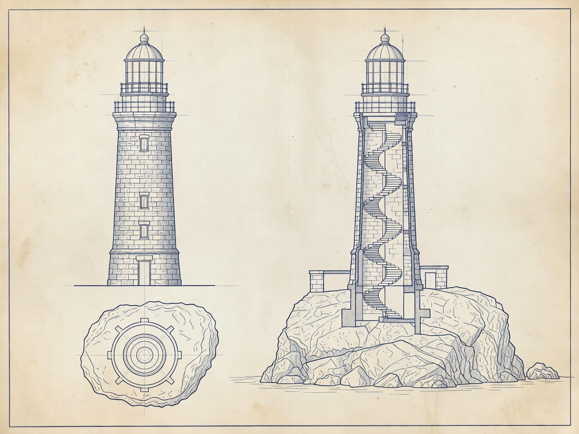 Blueprint illustration of Fastnet lighthouse granite tower on offshore rock