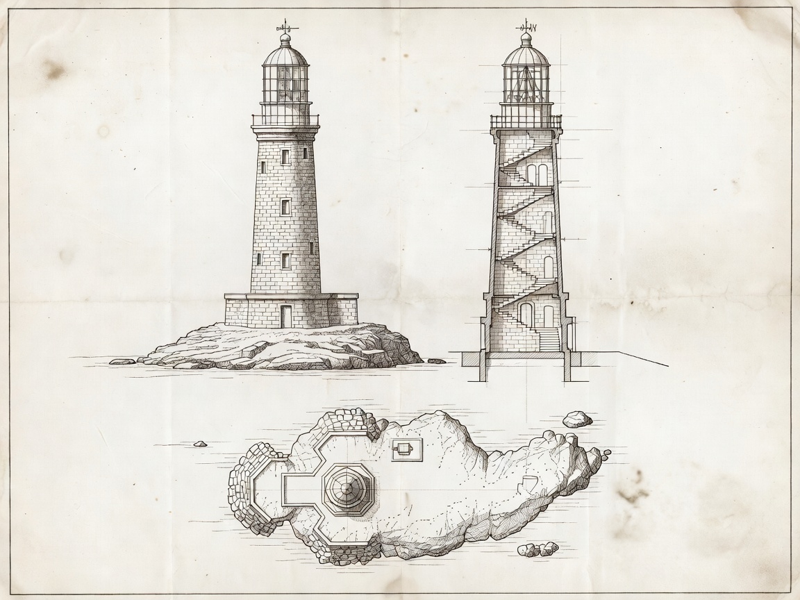 Blueprint illustration of Skerryvore lighthouse on a remote Atlantic reef