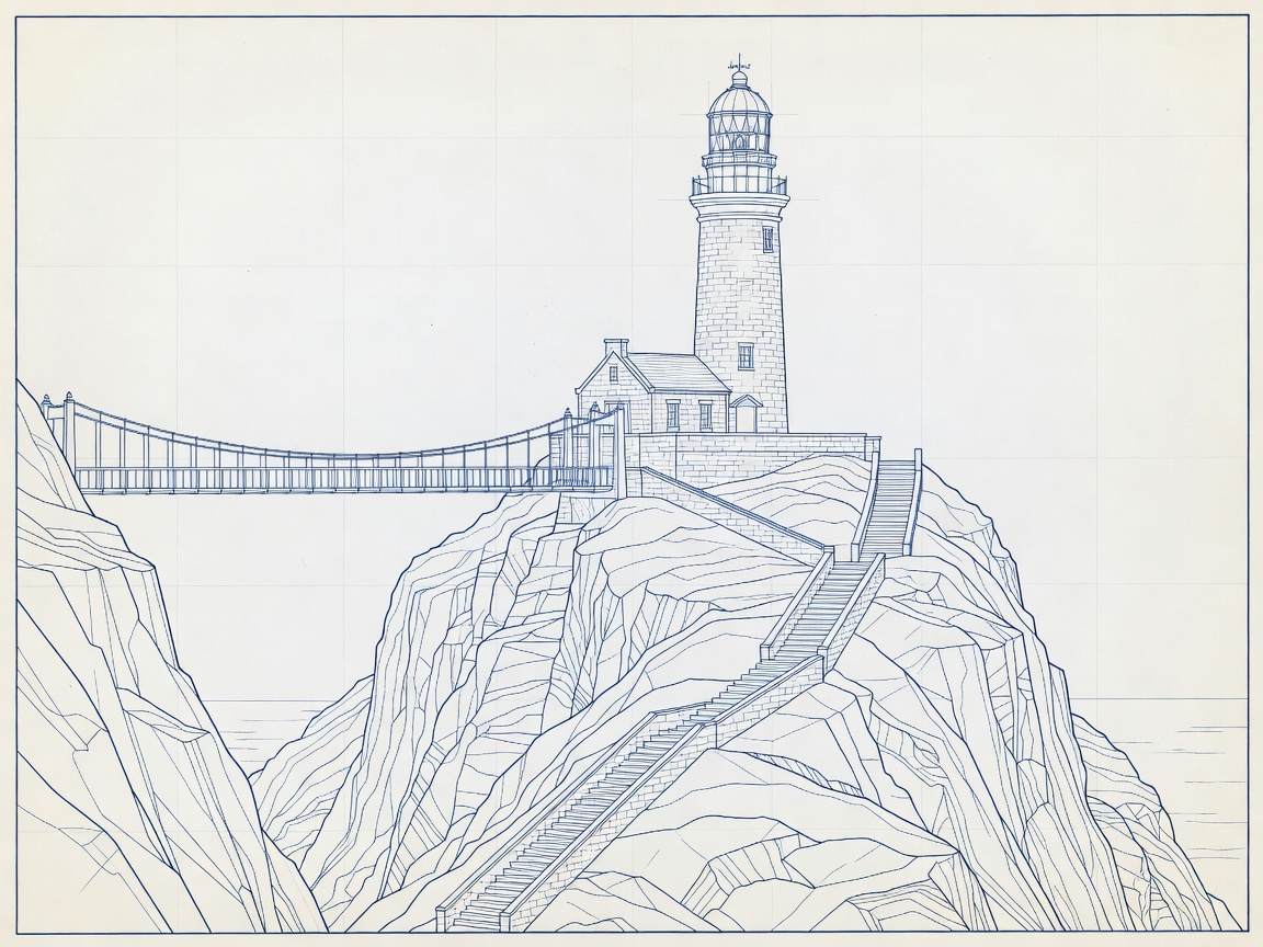 Blueprint illustration of South Stack lighthouse with cliff access and bridge